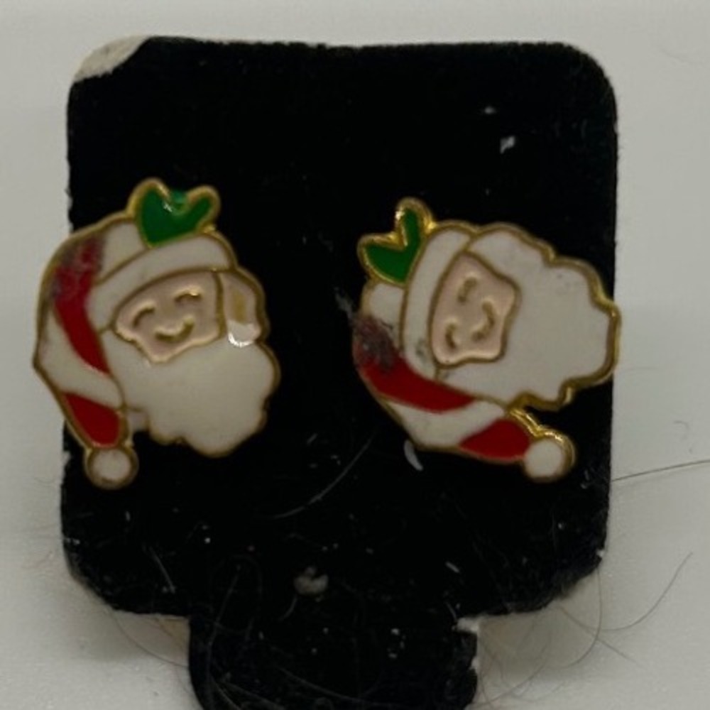 Vintage Christmas Santa Claus Enamel Stud Earrings Gold Tone Festive Holiday